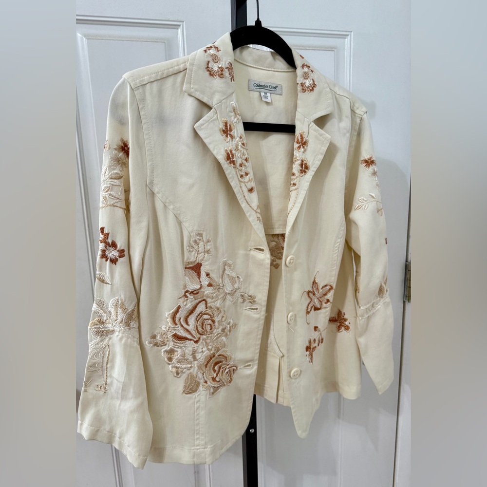Coldwater Creek Cream Embroidered Floral Jacket